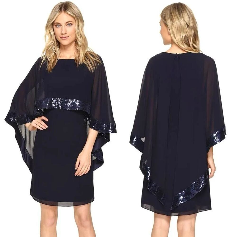 Vince Camuto Cape Sheath Dress 8 Navy Sequin Trim Cocktail NWT - Picture 9 of 9